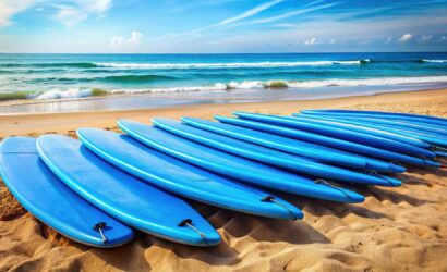 Rental Surfboards on Weligama Beach, Sri Lanka - Blue Soft Surfboards by the Ocean for Surf Lessons and Beach Activities