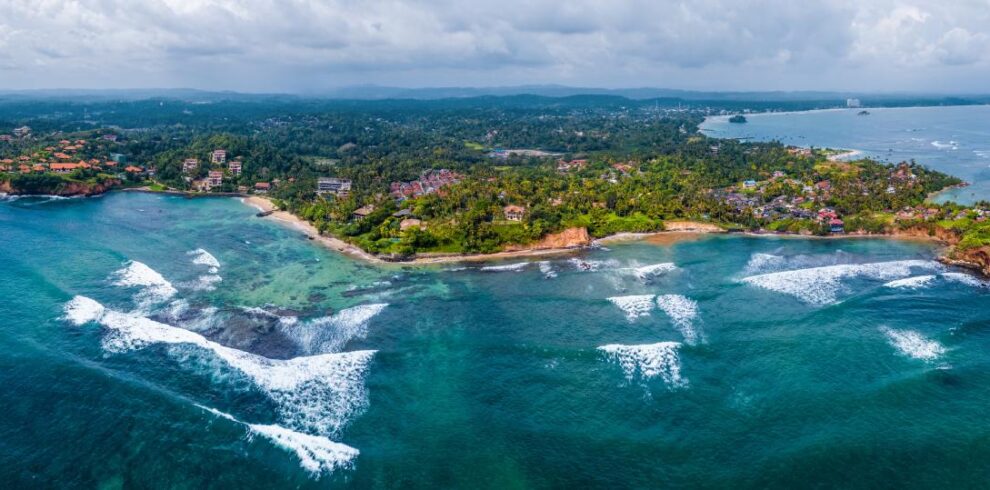 Aerial panorama of the south coast of Sri Lanka, area near the town of Weligama